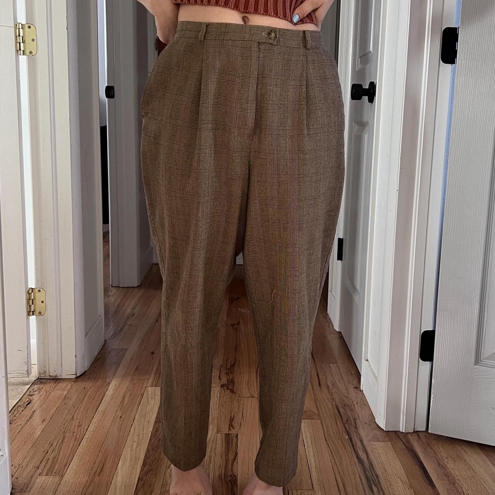 vintage 90s plaid trousers brown lightweight pants rayon size 14‎